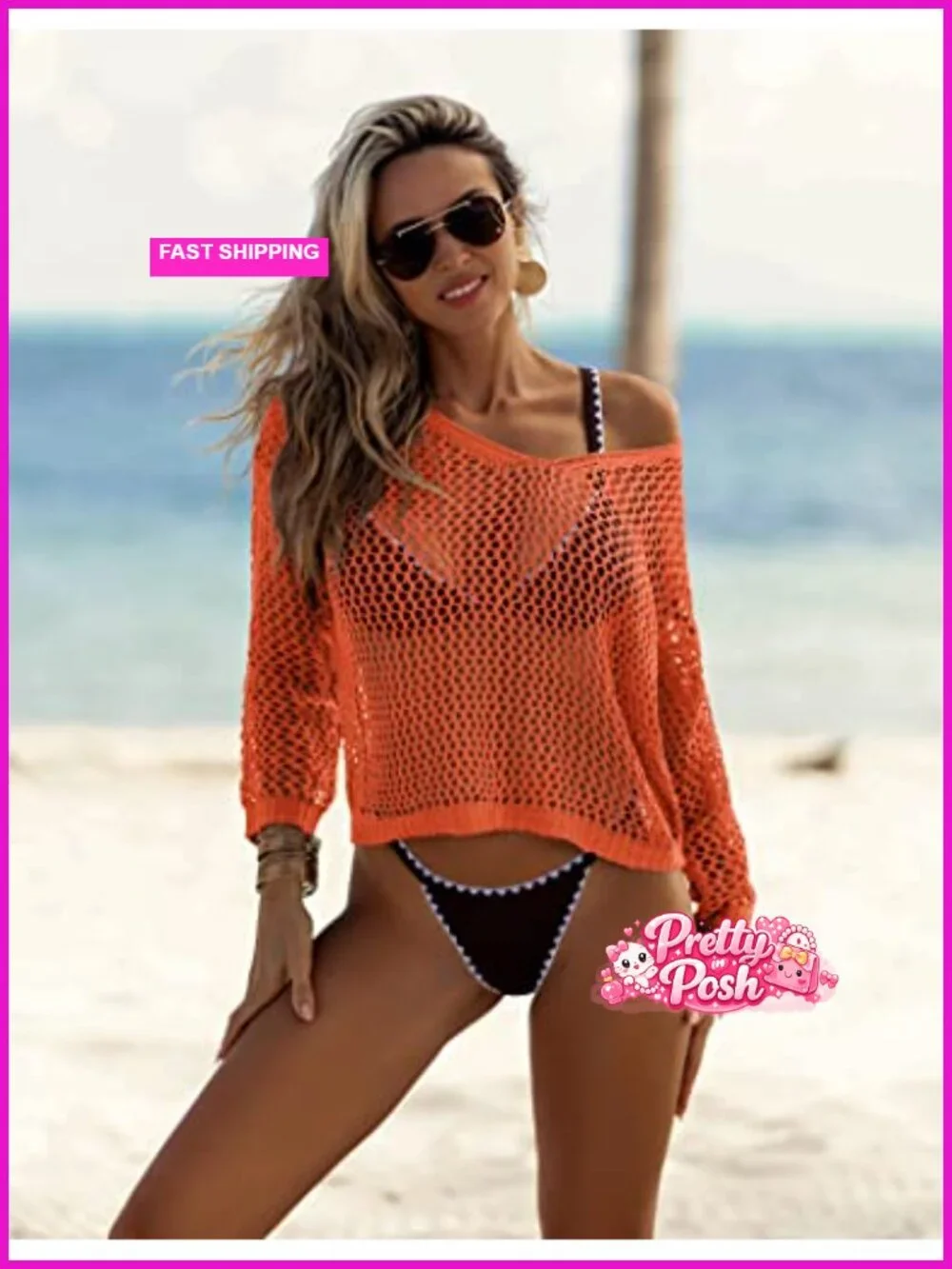 Crochet Long Sleeve Hollow Out Swim Cover Up Beach Bikini Tunic Top